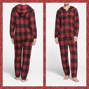 SKIMS Red and Black Buffalo Plaid Hooded Onesie Pajamas